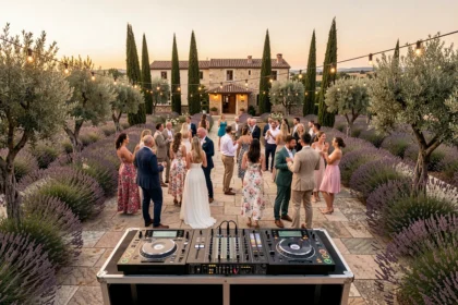 DJ de mariage en Provence avec piste de danse en plein air lors d'une réception estivale dans les Alpes-Côte d'Azur