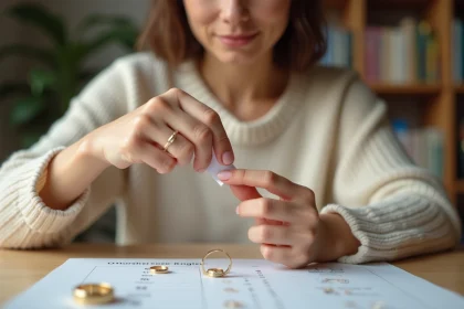Femme mesurant son tour de doigt avec un baguier imprimable en papier posé sur un bureau en bois