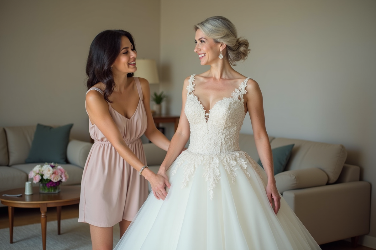 Mère et fille ajustant une robe de mariée dans un salon