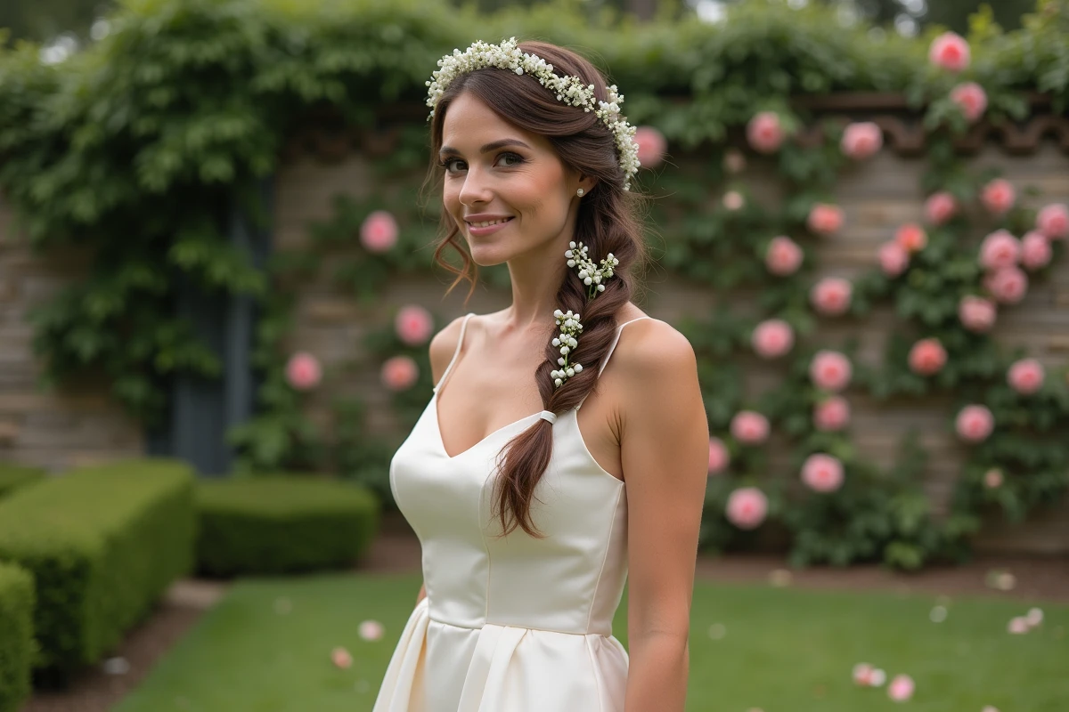 Mariée avec une tresse latérale ornée de petites fleurs blanches, portant une robe en satin ivoire dans un jardin fleuri avec un mur en pierre et des rosiers grimpants