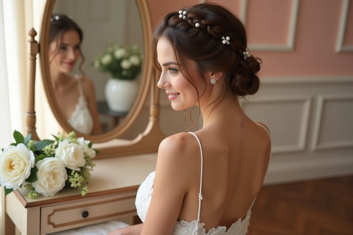 Femme en robe de mariée avec une natte française élégante ornée de perles, assise devant un miroir de coiffeuse en bois dans une pièce de préparation nuptiale
