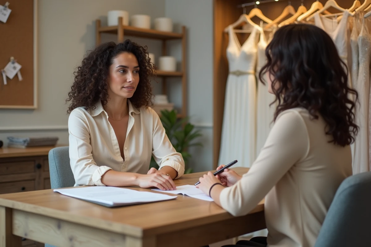 Femme en discussion avec une consultante en robe de mariée pour négocier le prix dans une boutique