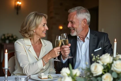 Couple fêtant ses noces d'argent autour d'une table décorée avec des bougies argentées et des roses blanches