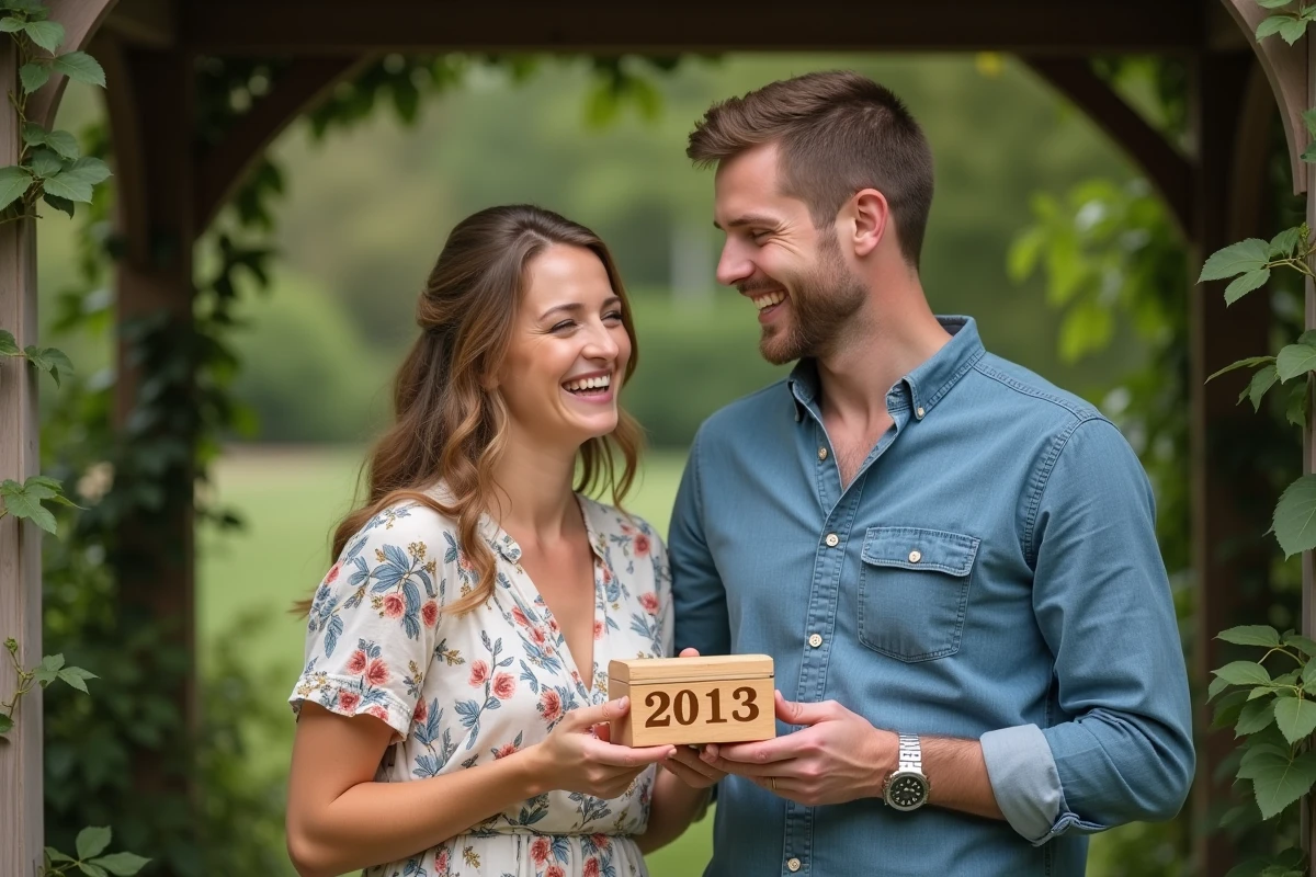 Jeune couple tenant un coffret en bois gravé pour célébrer leurs noces de bois dans un jardin fleuri