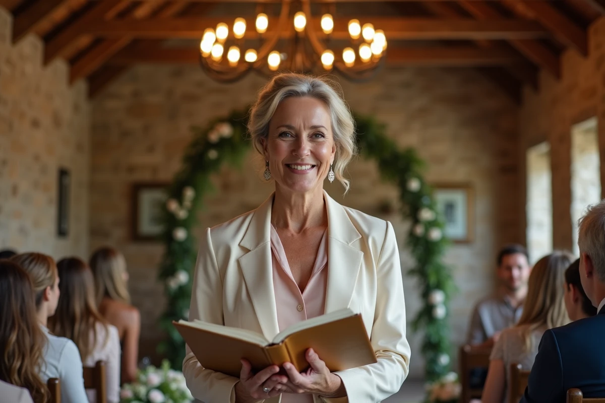 Officiant de cérémonie laïque tenant un livret personnalisé lors d'un mariage dans une grange rustique