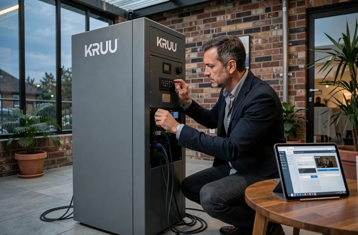 Organisateur d'événement configurant un photobooth KRUU dans une salle de réception avec terrasse