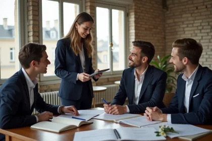 Jeune organisatrice de mariage en costume navy avec couple à Paris