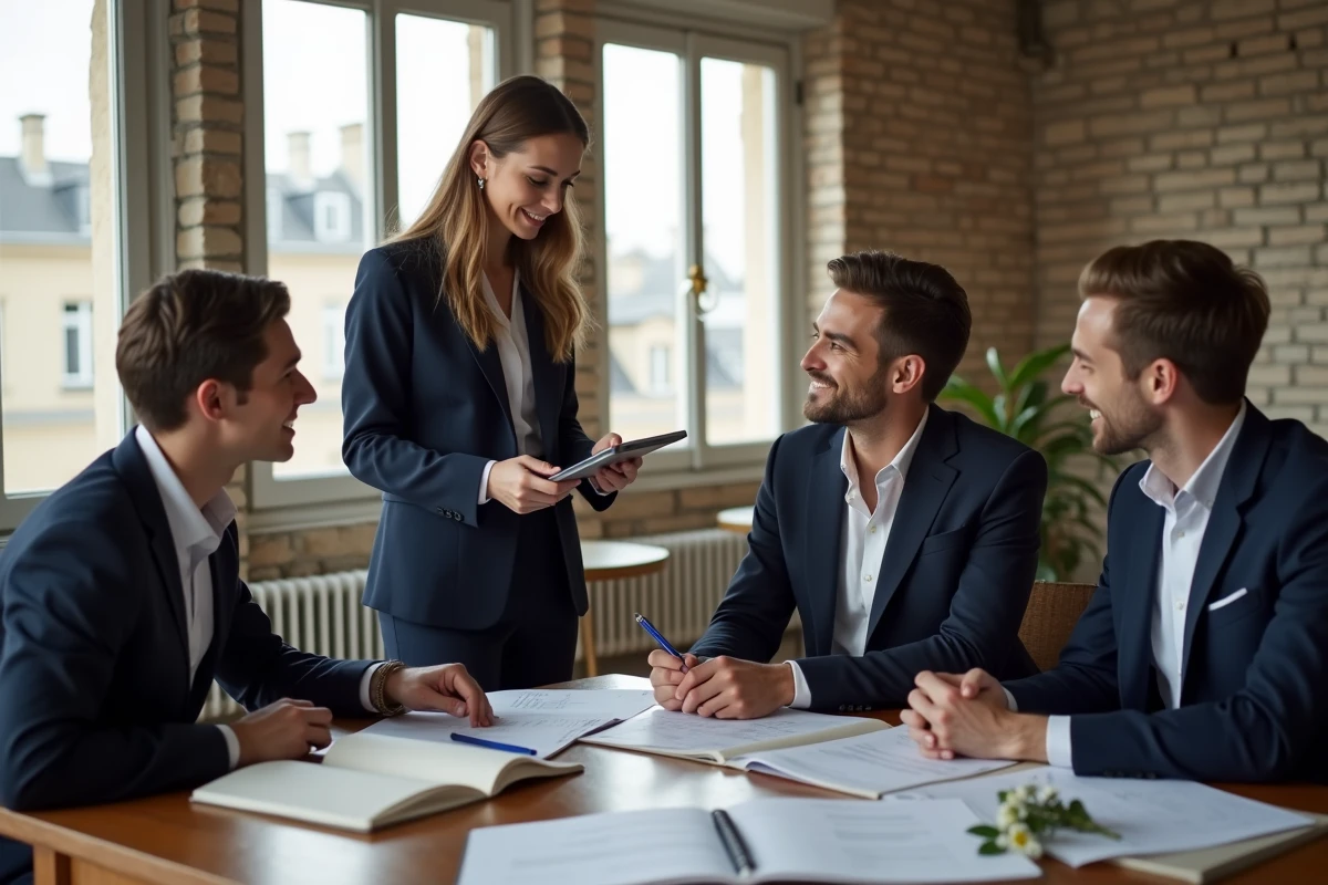 Jeune organisatrice de mariage en costume navy avec couple à Paris