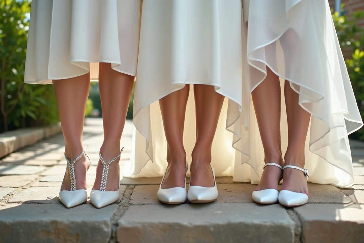Trois paires de chaussures de mariage sur terrasse en pierre