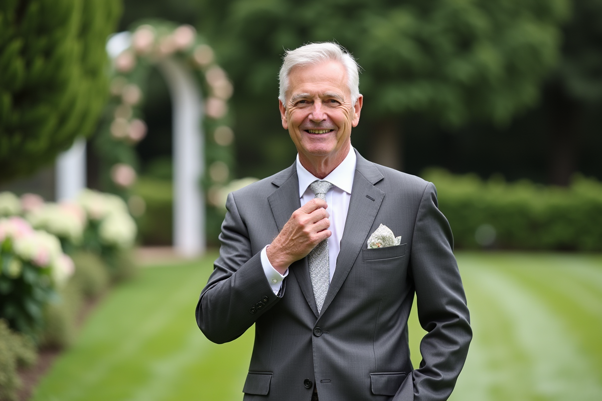 Père du marié en costume gris ajustant sa cravate dans un jardin fleuri