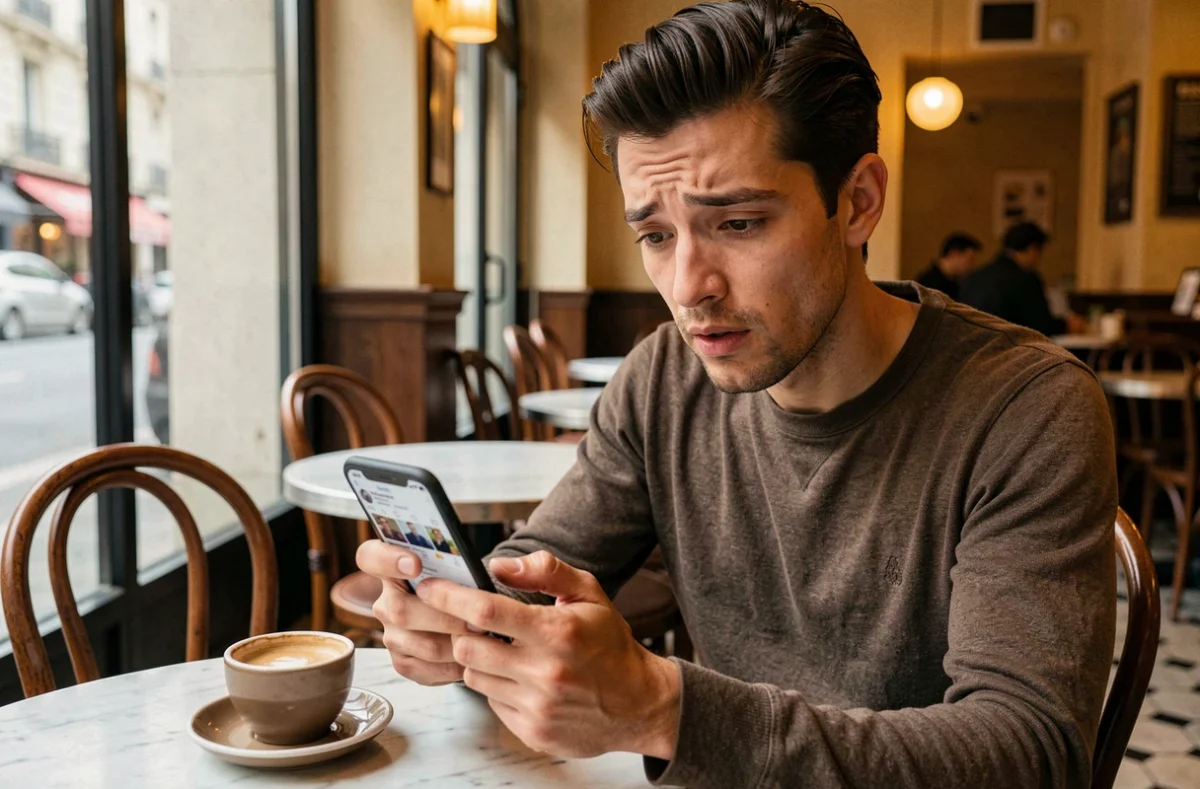 Personne consultant des rumeurs sur smartphone dans un café parisien, représentant la consommation des buzz médiatiques