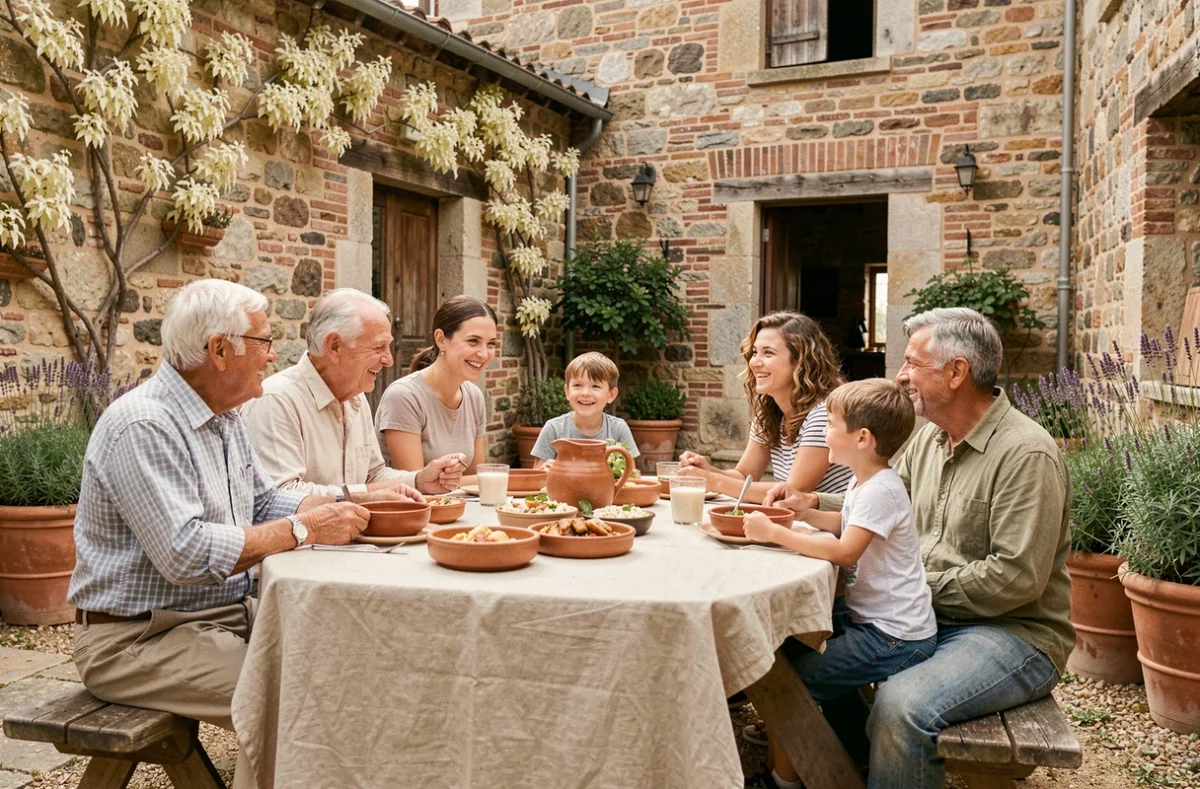 Séance photo de famille multigénérationnelle dans une ferme toulousaine avec repas en plein air