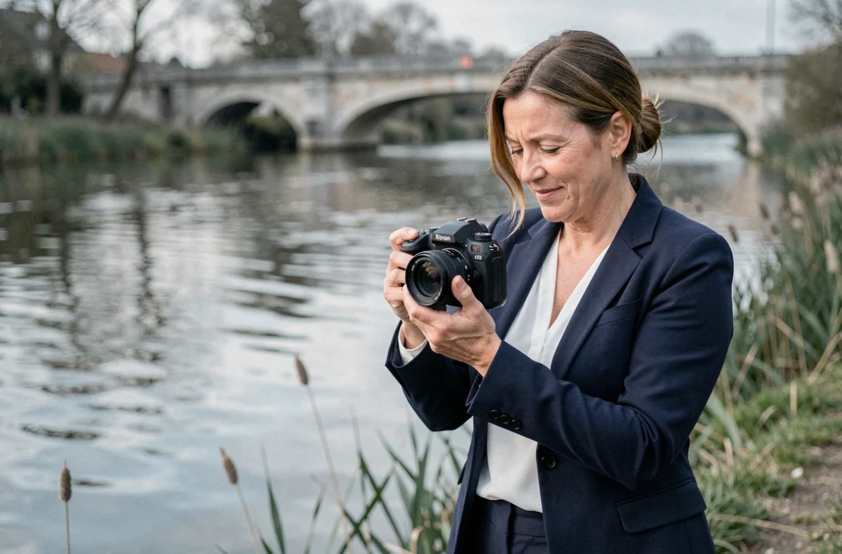 Photographe femme au bord de l'Aisne à Soissons, consultant ses clichés sur son appareil photo
