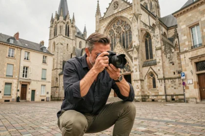Photographe professionnel en train de shooter devant la cathédrale de Soissons, appareil photo en main