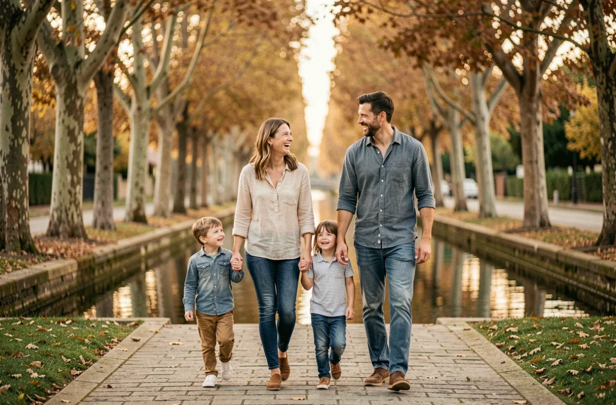 Photographe famille à Toulouse capturant une famille de quatre personnes se promenant le long du Canal du Midi en automne