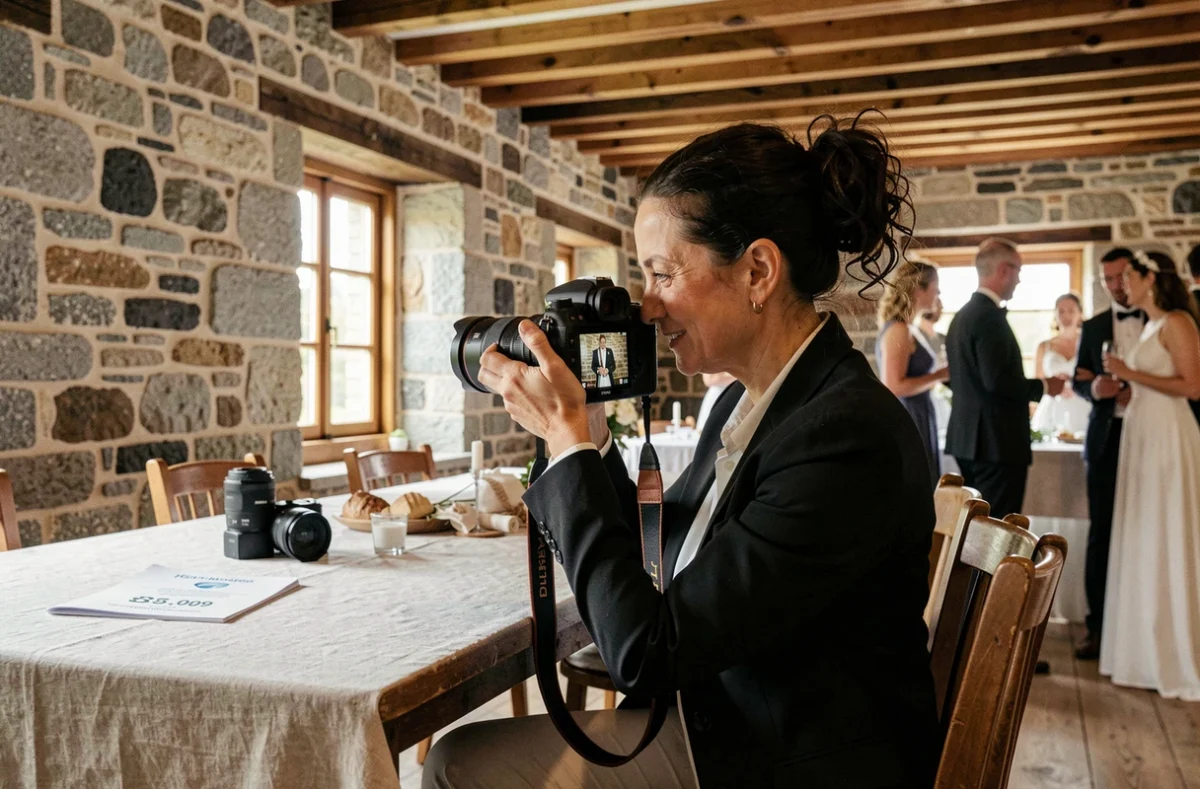 Photographe de mariage féminine consultant ses photos dans une salle de réception bretonne près de Quimper