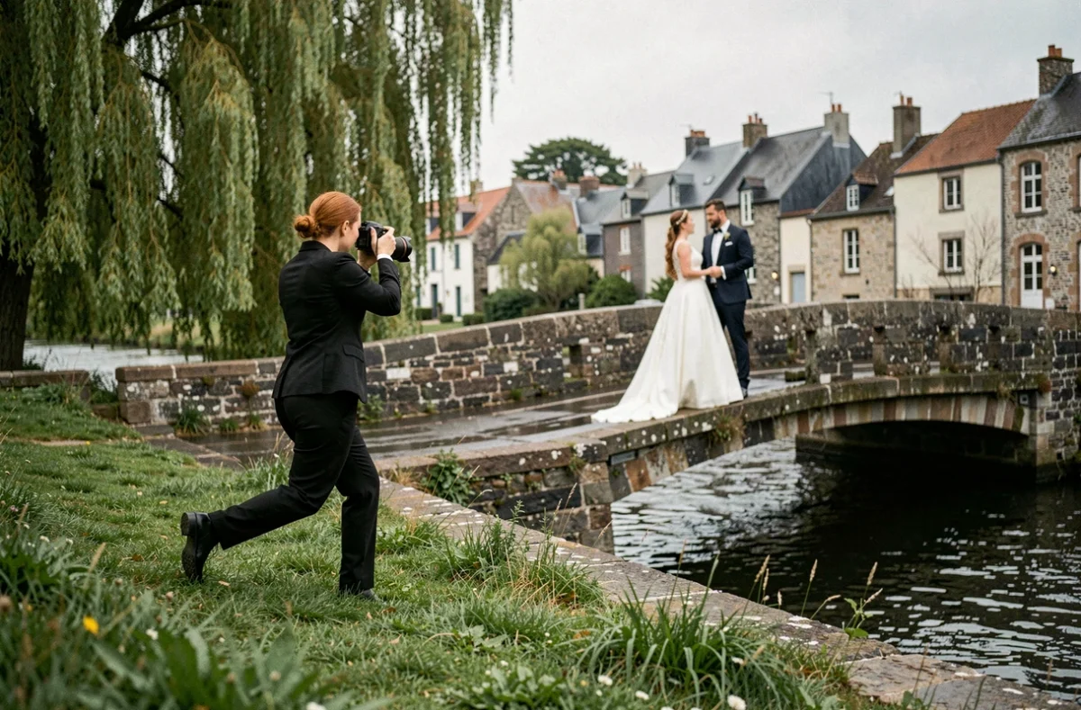 Photographe de mariage capturant un couple sur un pont au bord de l'Odet à Quimper