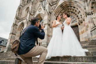 Photographe de mariage professionnel en plein travail devant la cathédrale Saint-Corentin à Quimper
