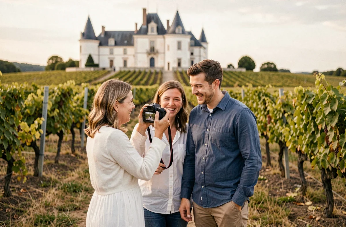Photographe de mariage présentant des clichés à un couple fiancé dans un vignoble bordelais
