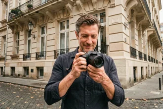 Photographe professionnel devant un bâtiment haussmannien à Bobigny, révisant ses clichés sur son appareil photo