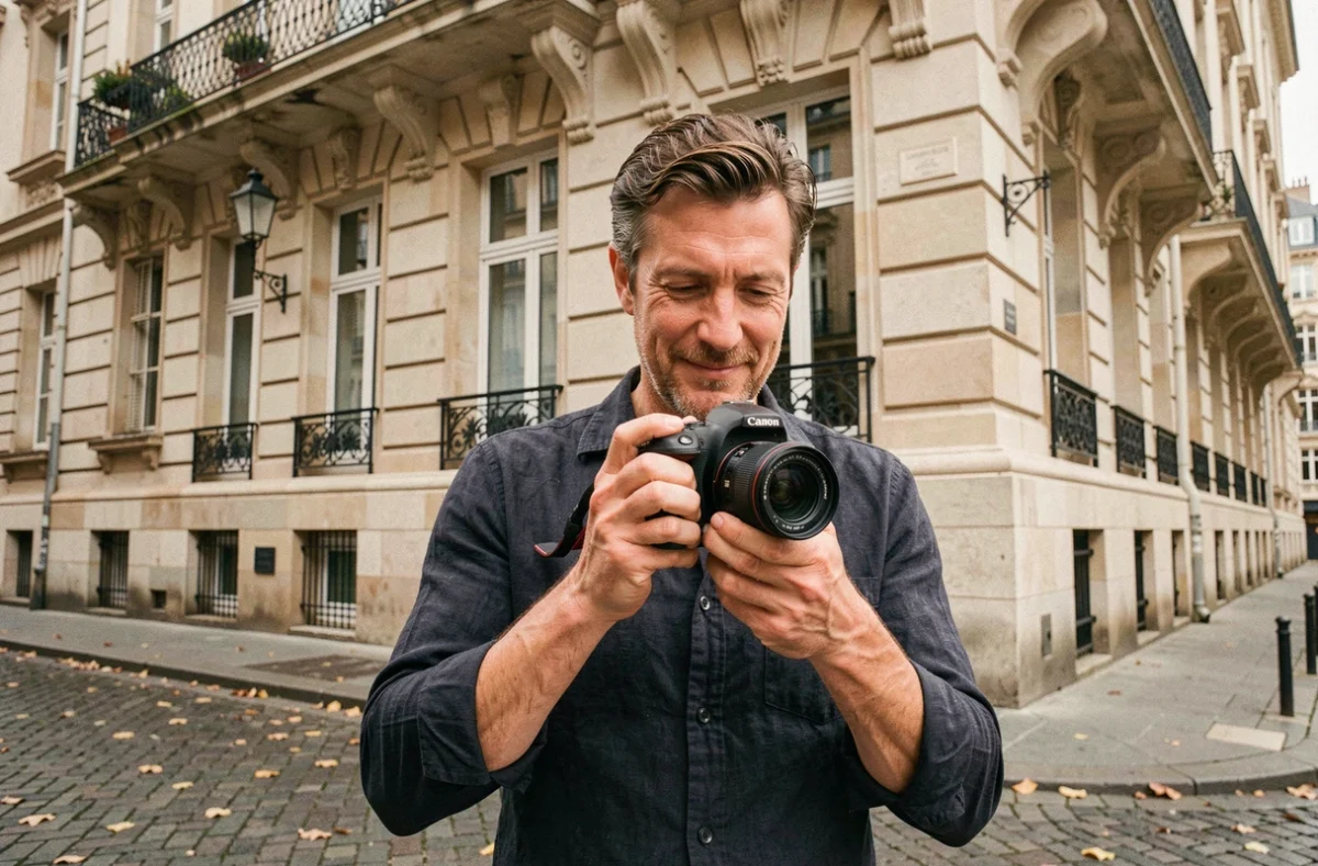 Photographe professionnel devant un bâtiment haussmannien à Bobigny, révisant ses clichés sur son appareil photo