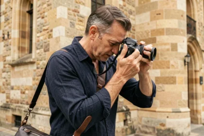 Photographe professionnel devant le Palais des Comtes de Poitiers consultant ses photos sur son appareil, illustrant le budget photographe à Poitiers