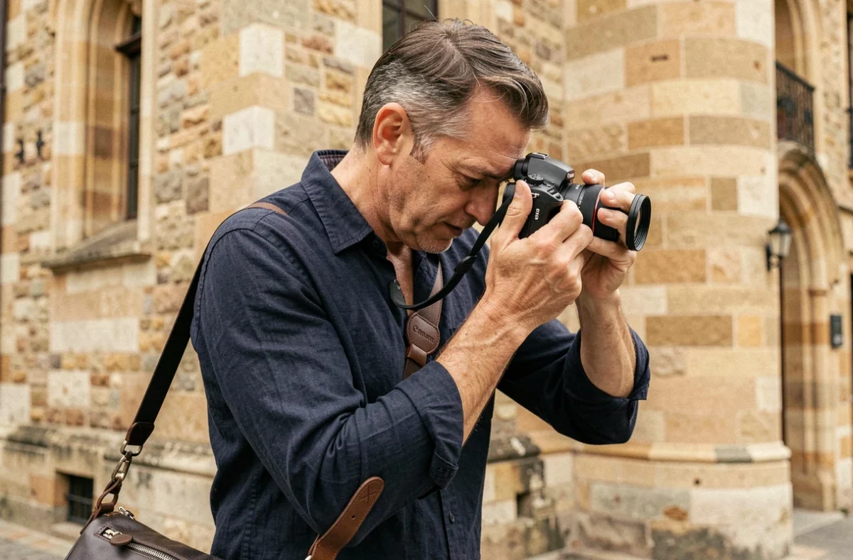 Photographe professionnel devant le Palais des Comtes de Poitiers consultant ses photos sur son appareil, illustrant le budget photographe à Poitiers