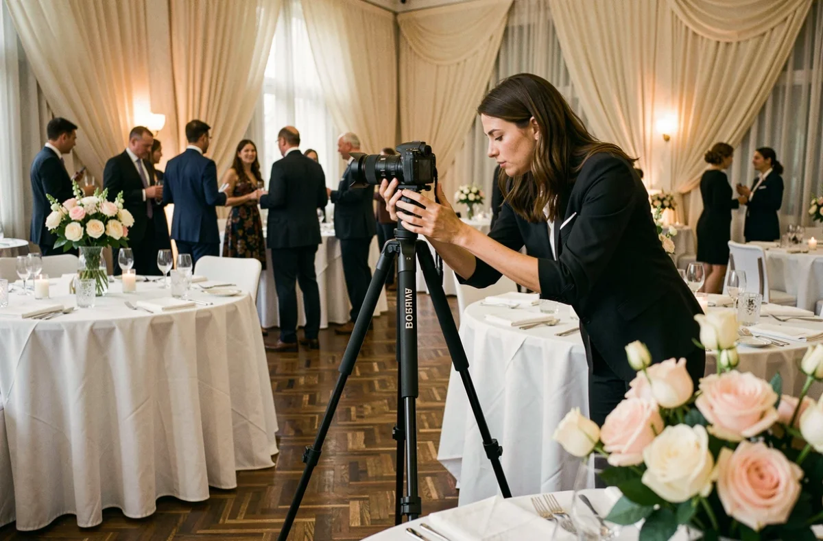 Photographe préparant son matériel dans une salle de réception à Bobigny pour un événement d'entreprise