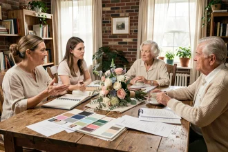 Famille réunie autour d'une table pour planifier un mariage ensemble, avec swatches de tissus et carnets ouverts