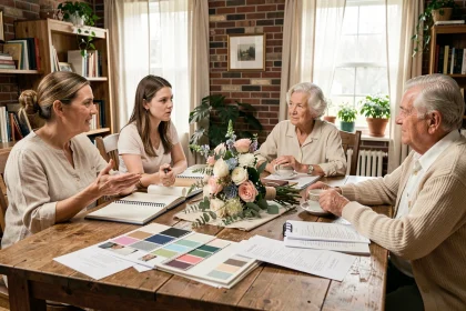 Famille réunie autour d'une table pour planifier un mariage ensemble, avec swatches de tissus et carnets ouverts