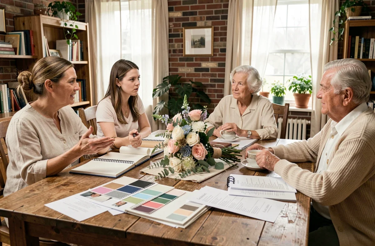 Famille réunie autour d'une table pour planifier un mariage ensemble, avec swatches de tissus et carnets ouverts