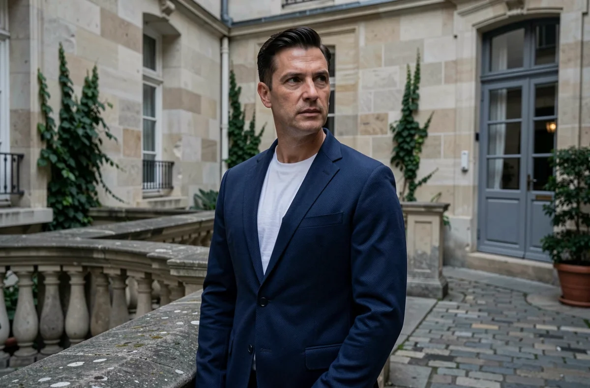 Portrait d'un homme discret et élégant dans une cour parisienne en pierre, style éditorial authentique
