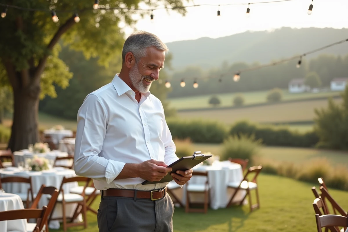 Organisateur de mariage en campagne avec décor floral et invités