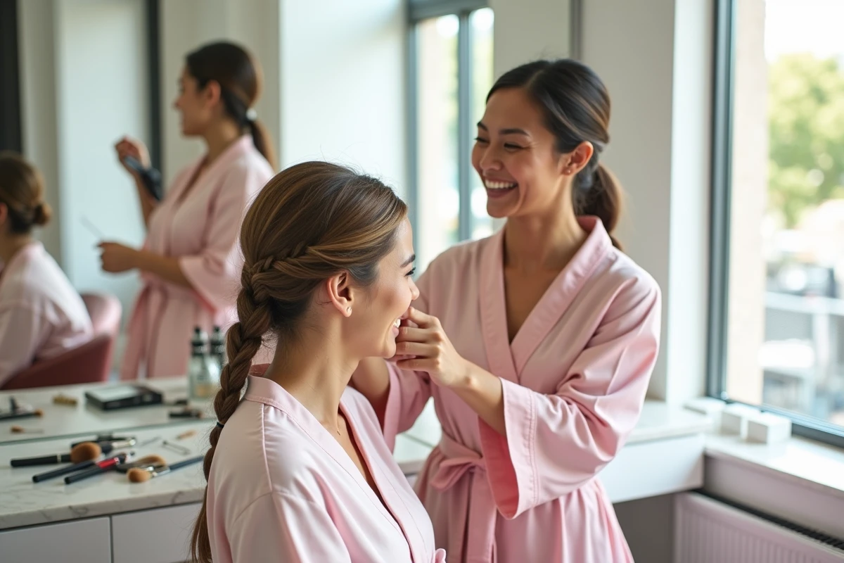 Deux femmes en peignoirs roses lors d'une préparation de mariage, l'une tressant les cheveux de l'autre en tresse épic dans une suite nuptiale moderne avec comptoirs en marbre blanc