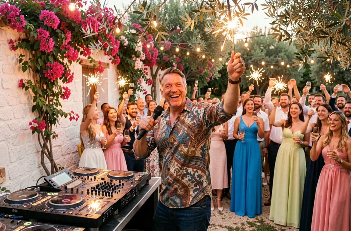 Prom'Art DJ Didou animant une soirée de mariage festive dans un jardin de la Côte d'Azur