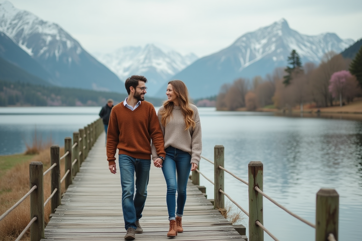 Couple marchant au bord du lac avec montagnes