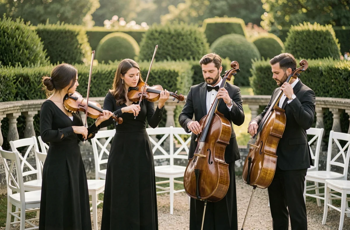 Quatuor à cordes jouant en plein air dans un jardin élégant lors d'une cérémonie de mariage, illustration musicale d'une entrée émouvante