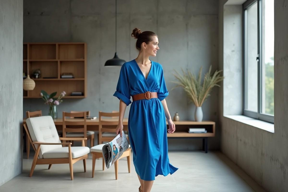 Femme recyclant sa robe de mariage bleue en tenue quotidienne dans un appartement moderne avec ceinture en cuir