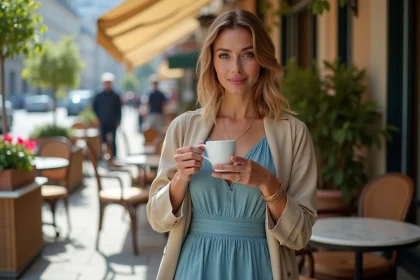 Femme en robe bleue recyclée portée décontractée avec un blazer beige en terrasse de café parisien