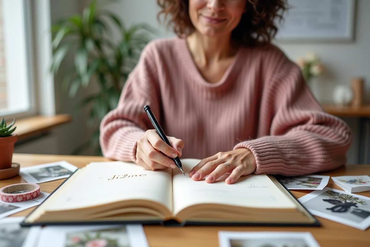 Femme rédigeant un livre d'or de mariage entouré de photos souvenirs et de décorations