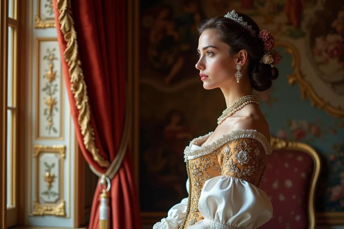 Femme en robe royale du 17e siècle regardant par une fenêtre