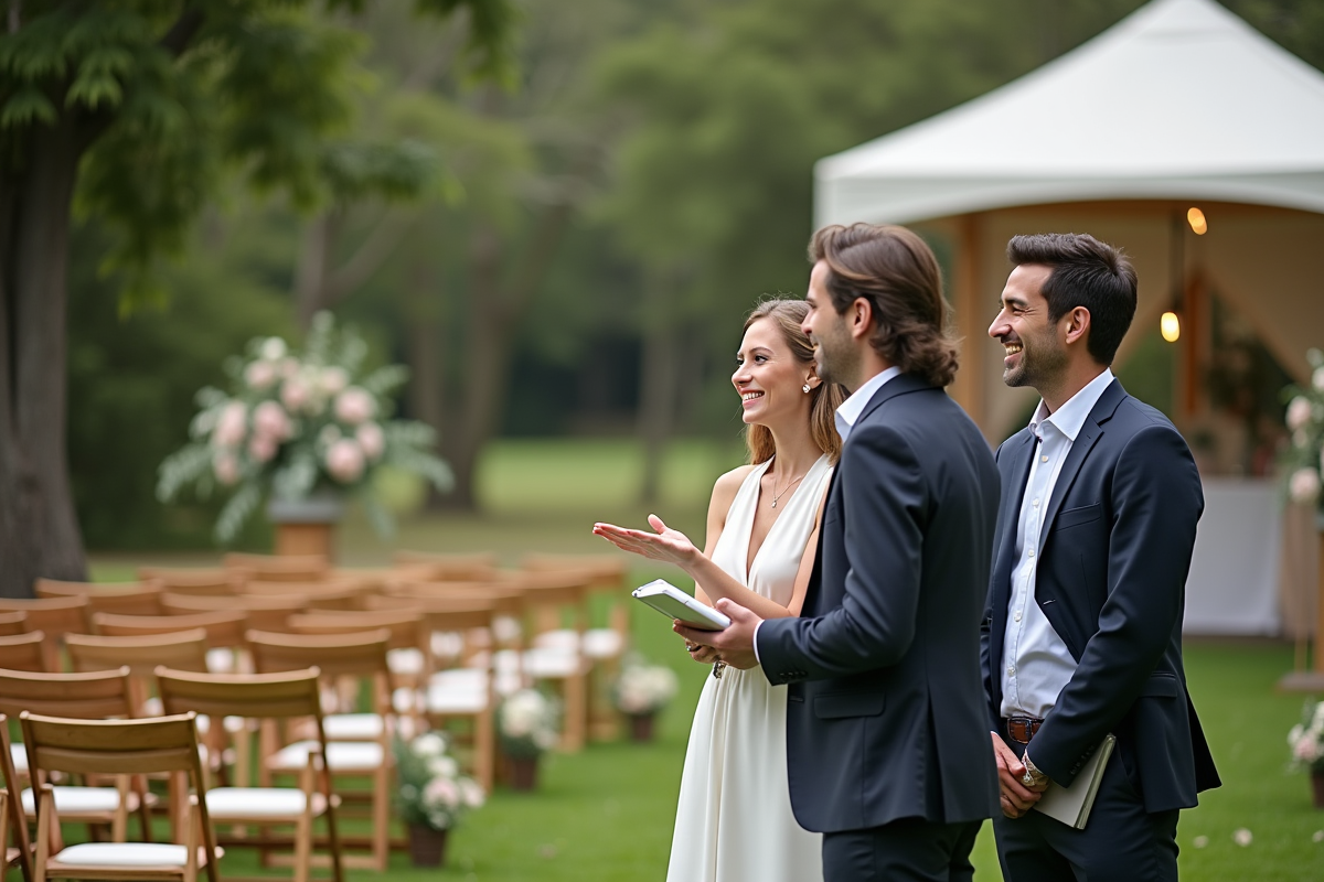 Wedding planner discutant avec un couple en extérieur