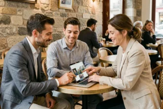 Couple rencontrant une photographe de mariage dans un café à Bordeaux pour consulter un portfolio