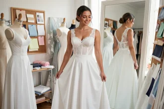 Femme en robe de mariée blanche élégante à décolleté en cœur se regardant dans un miroir dans un atelier de couture parisien