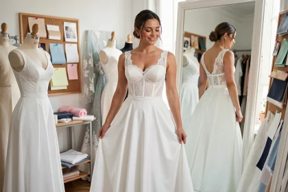 Femme en robe de mariée blanche élégante à décolleté en cœur se regardant dans un miroir dans un atelier de couture parisien