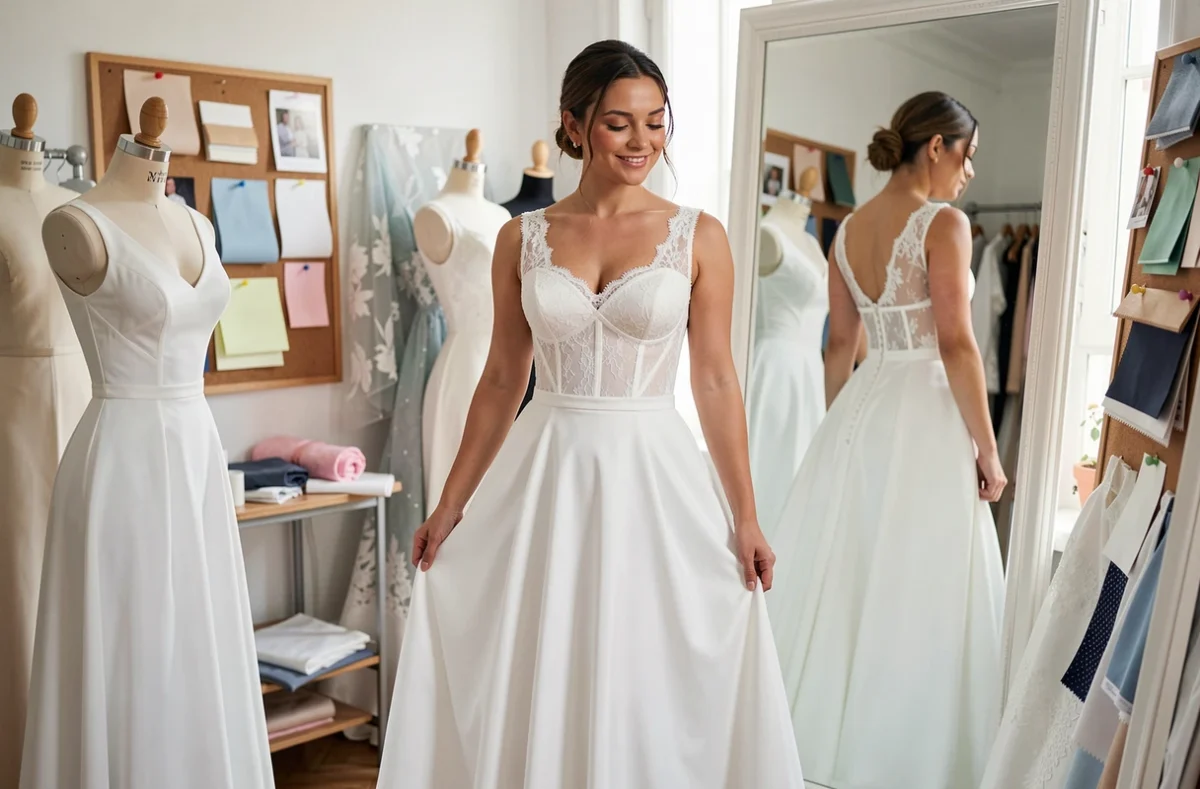 Femme en robe de mariée blanche élégante à décolleté en cœur se regardant dans un miroir dans un atelier de couture parisien