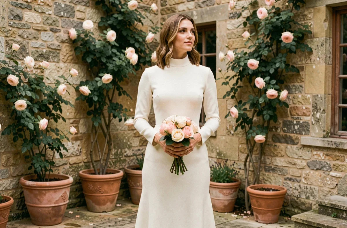 Femme portant une robe de mariée blanche minimaliste en crêpe avec manches longues dans un jardin en pierre français