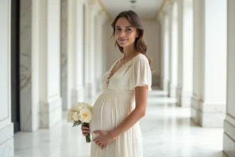 Future mariée enceinte en robe de mariage civil ivoire drapée, tenant un bouquet de pivoines blanches dans un couloir de mairie élégant
