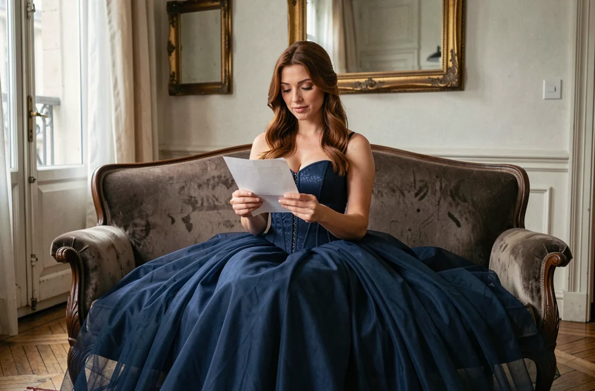 Mariée en robe de mariée bleu marine assise sur une méridienne velours dans un appartement parisien ancien, lisant une lettre avec une expression émouvante