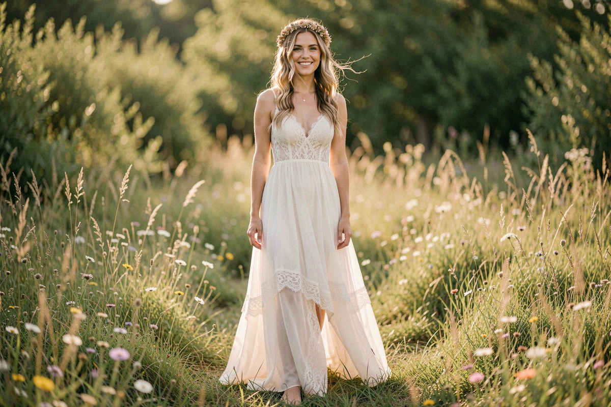Mariée bohème en robe de dentelle ivoire avec couronne de fleurs séchées dans un champ de fleurs sauvages